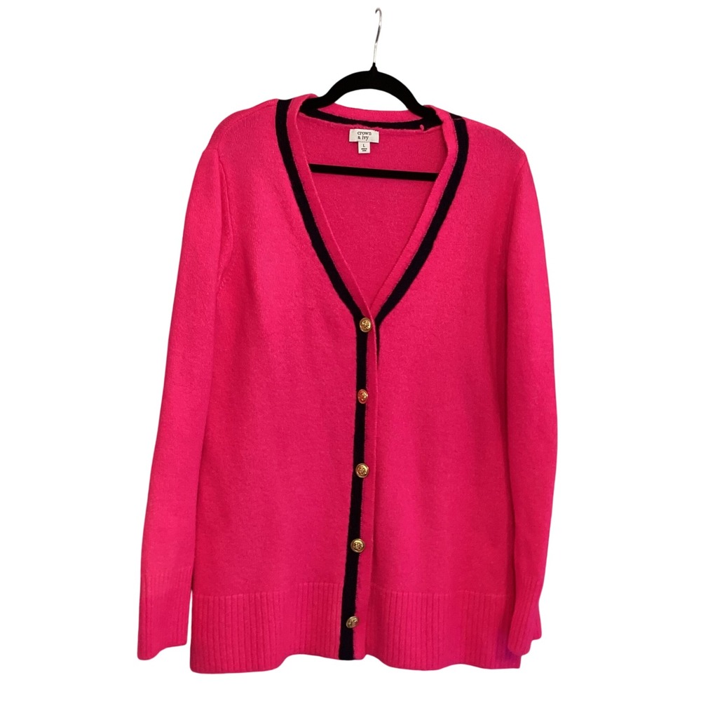 Crown‎ & Ivy Women's Pink Black Trim V-Neck Button Cardigan Sweater Size L